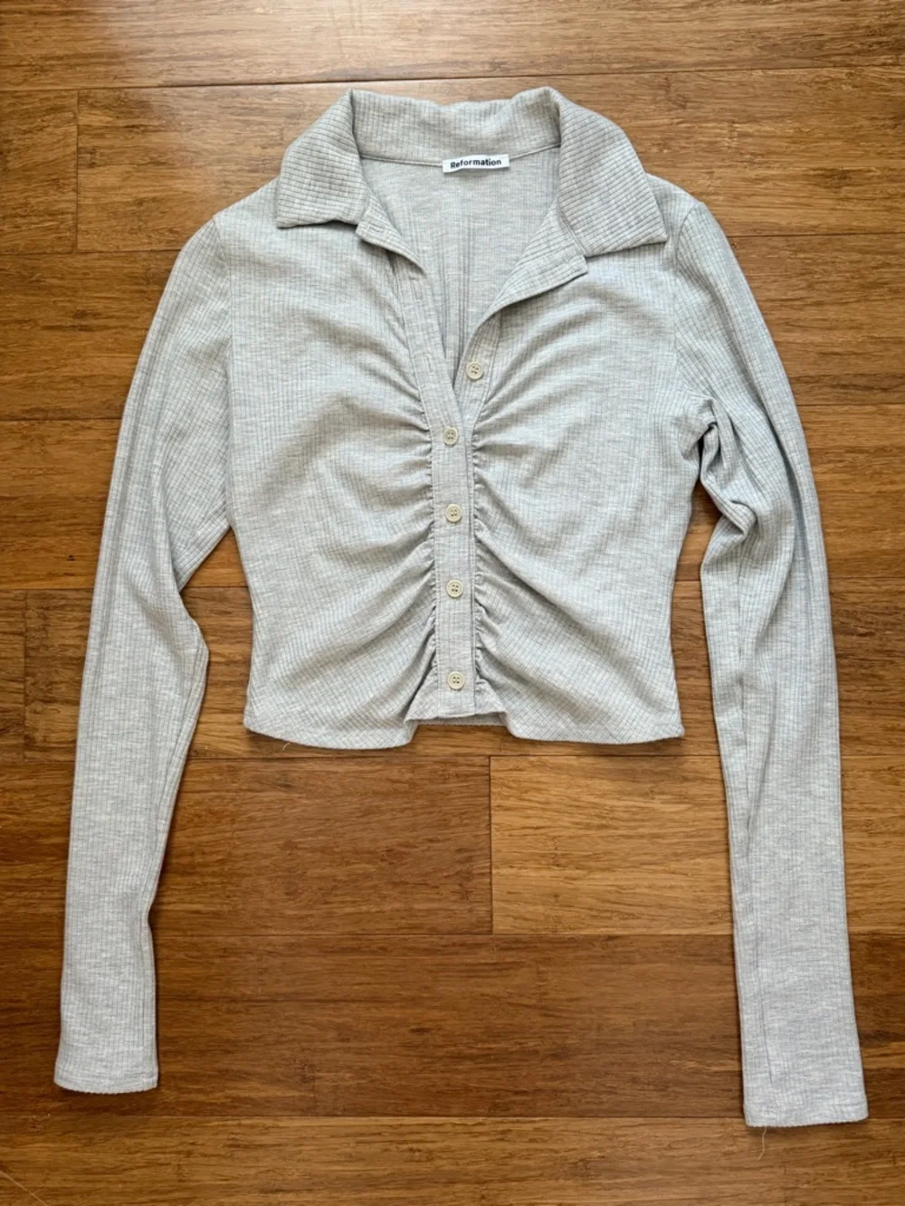 Reformation Light Gray Ribbed Ruched Button-Up Long Sleeve Top - Picture 1 of 6